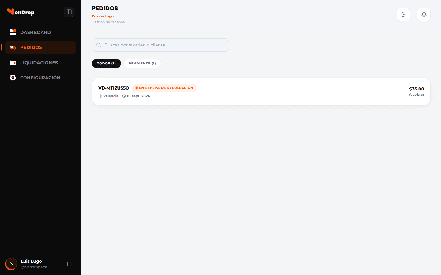 Vista real de pedidos de la plataforma VenDrop para logística