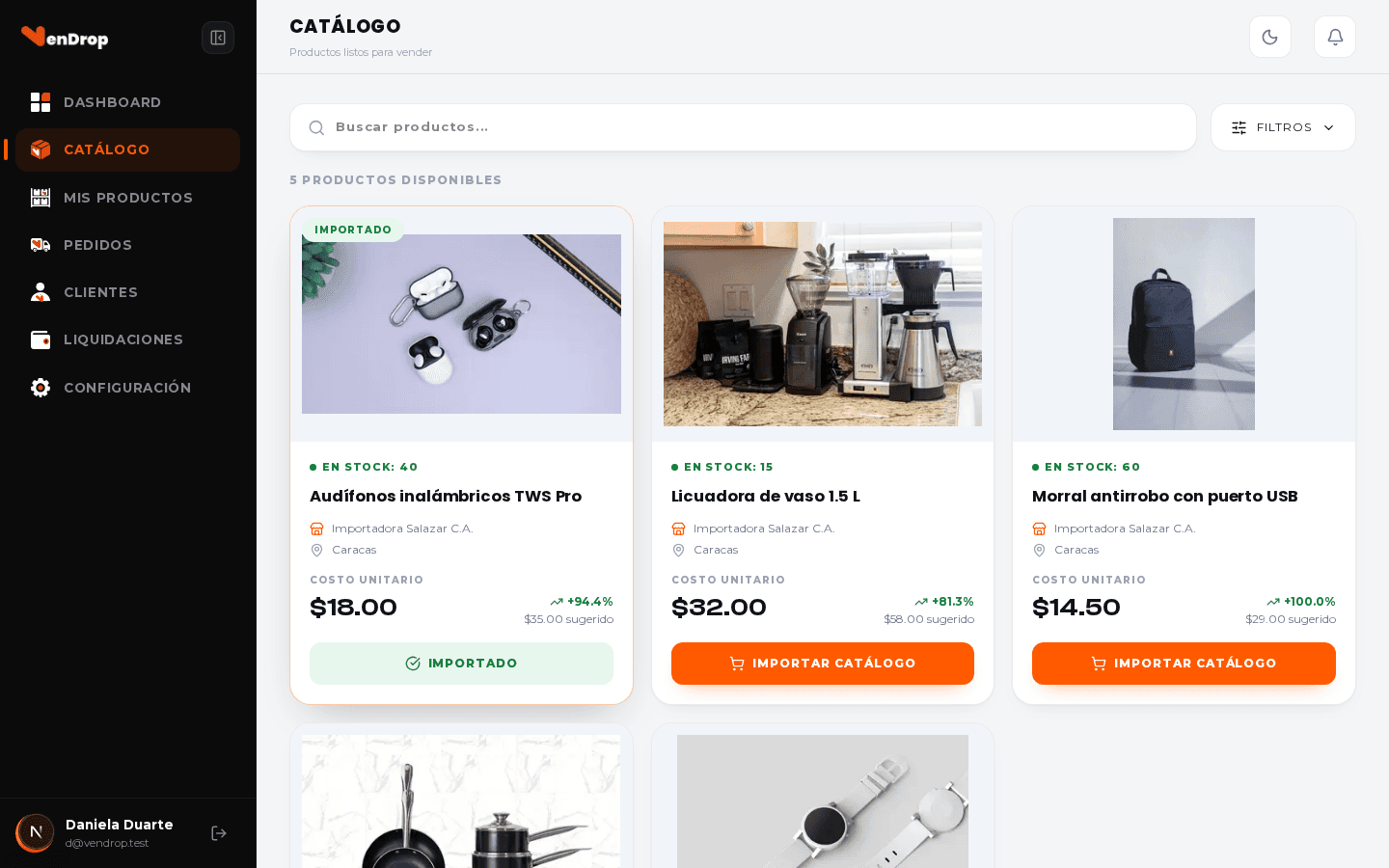 Catálogo real de la plataforma VenDrop para vendedores