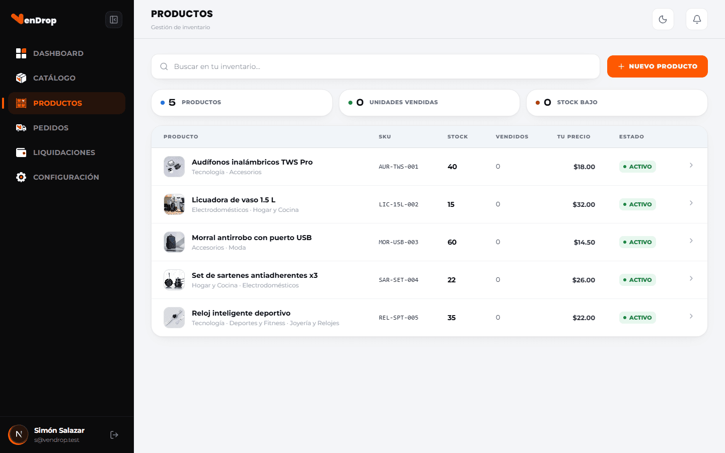 Inventario real de la plataforma VenDrop para proveedores